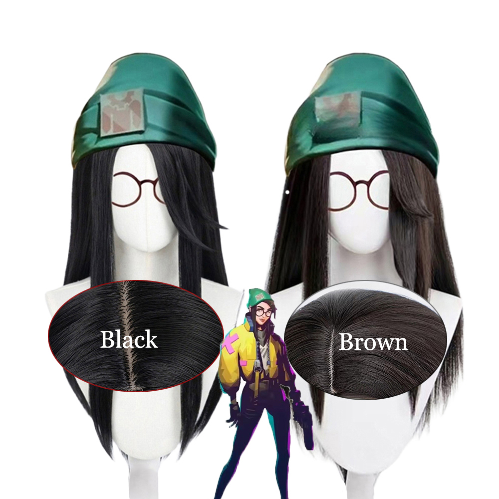 Anime Cosplay Long Black Hair - Peruca cosplay killjoy, 60cm, preta/marrom, longa,